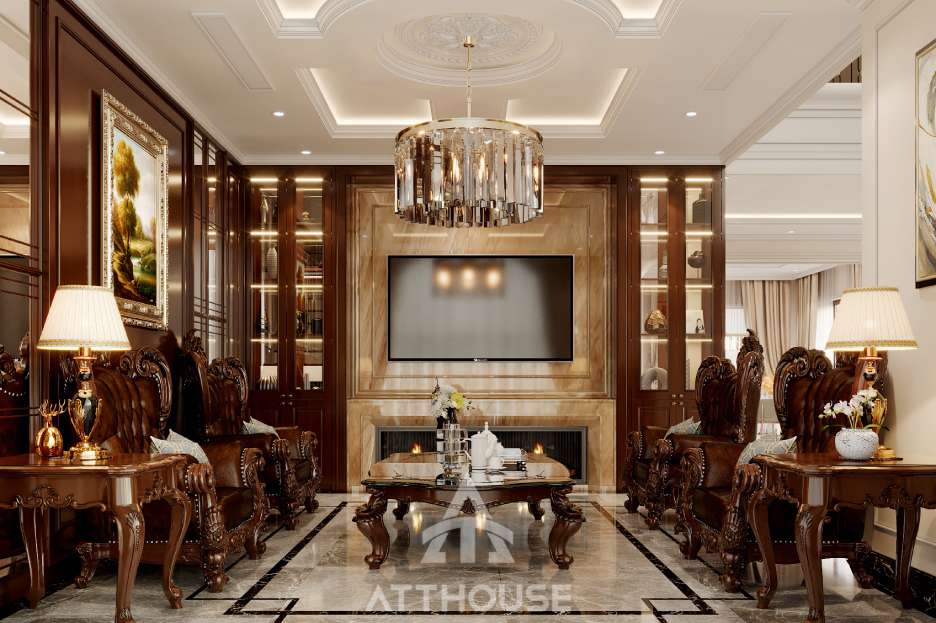 Thiết kế nội thất phòng khách tại biệt thự Vinhomes Marina Ngọc Trai với nội thất gỗ óc chó sang trọng