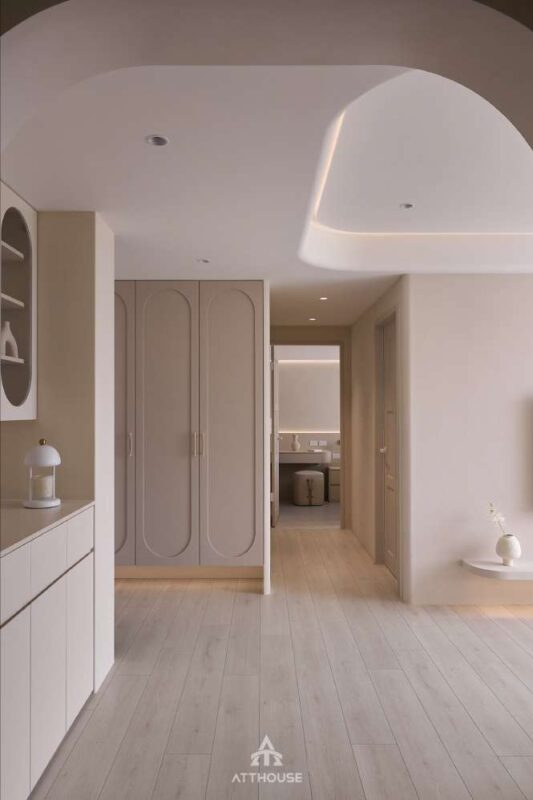 Không gian đi lại tại khu vực phòng ngủ tại thiết kế căn hộ 2 ngủ phong cách hiện đại mix Japandi