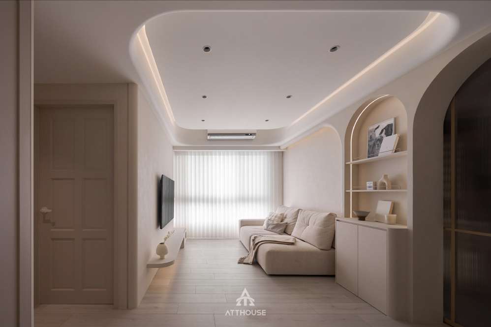 Thiết kế phòng khách đơn giản tại căn hộ 2 phòng ngủ phong cách Hiện đại mix Japandi