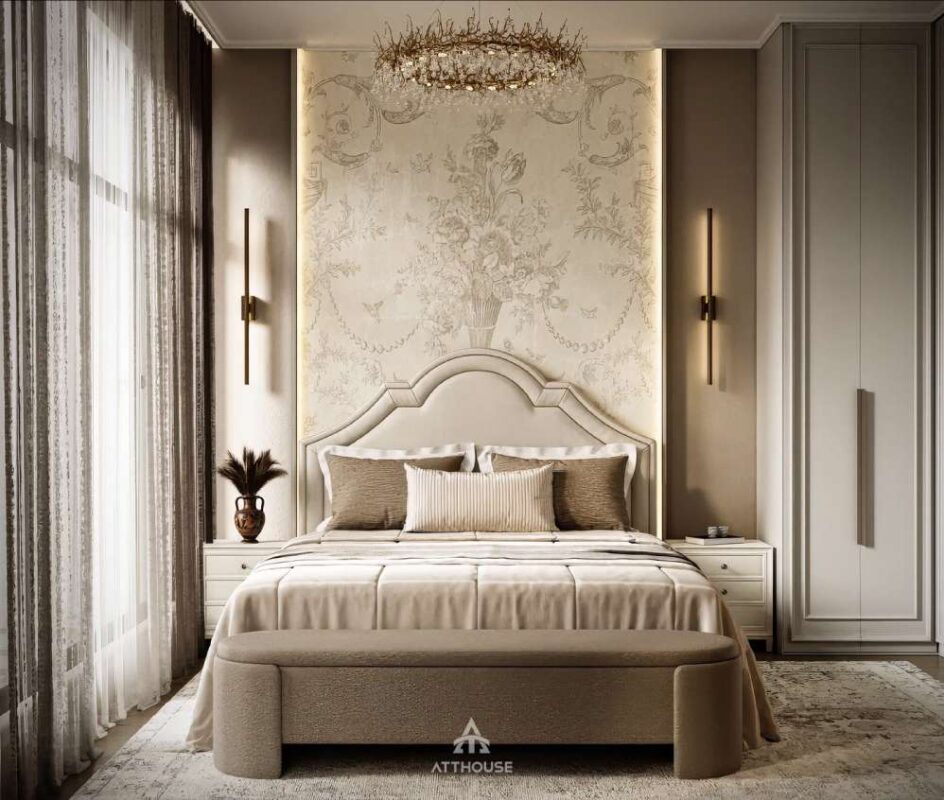 Phòng ngủ Master tại thiết kế nội thất biệt thự Vinhomes Royal Island phong cách Tân Cổ Điển