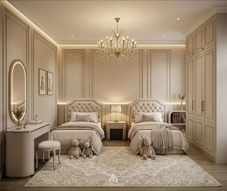 Thiết kế nội thất phòng ngủ đôi cho bé phong cách Tân Cổ Điển