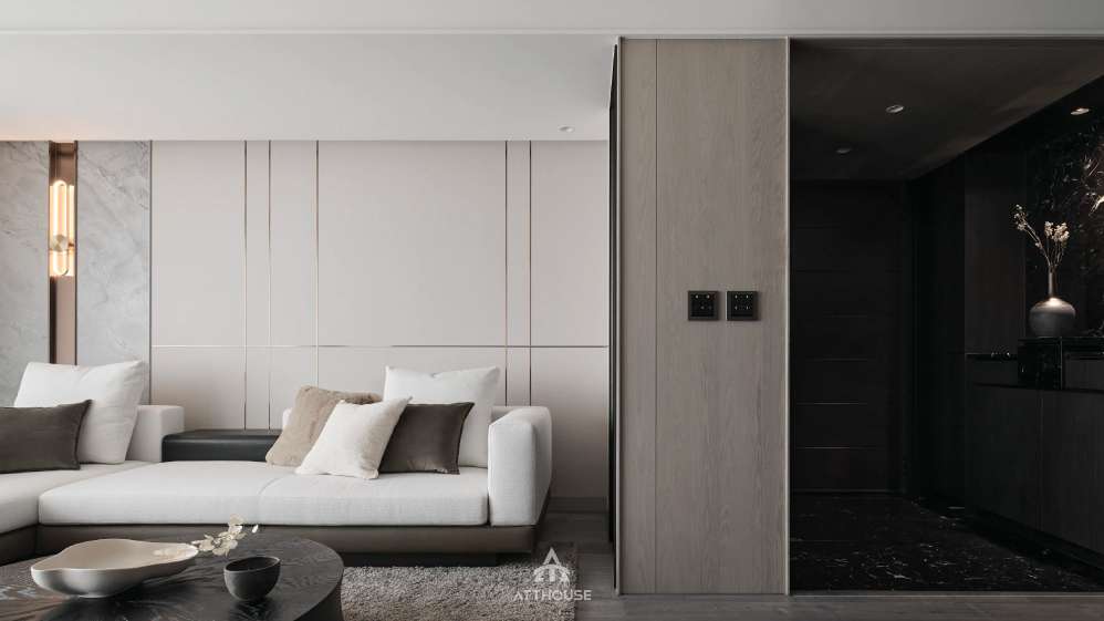 Vẻ đẹp tối giản đầy chiều sâu trong thiết kế nội thất phòng khách nhà phố Lê Thánh Tông.