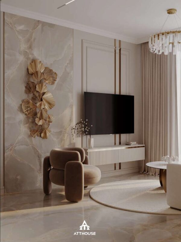 Không gian nội thất phòng khách phong cách Modern Classic dự án Hoàng Huy Commerce