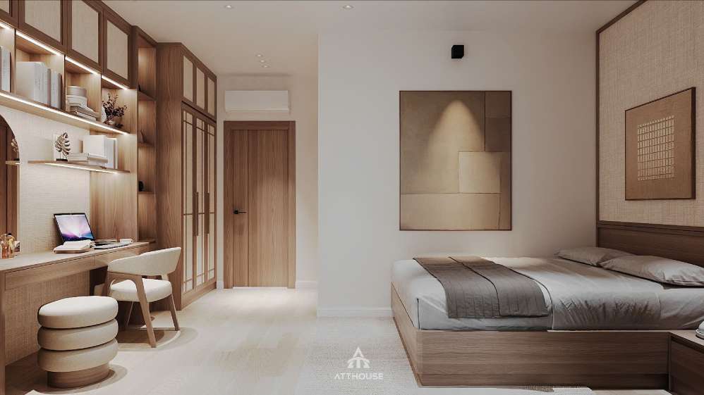 Thiết kế nội thất không gian phòng ngủ ông bà tại biệt thự Vinhomes Vũ Yên Villa mang phong cách Japandi