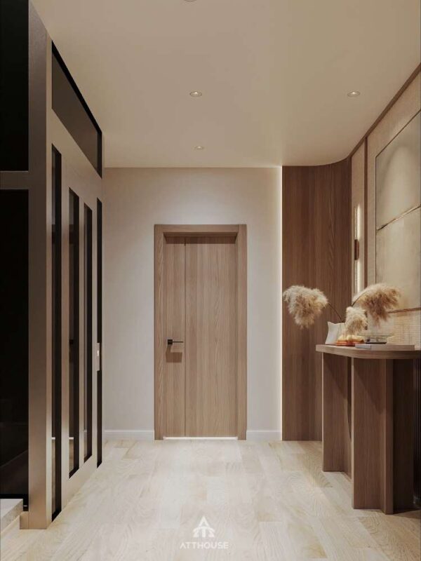 Khu vực sảnh thang tiện nghi tại thiết kế biệt thự Vinhomes Vũ Yên Villa mang phong cách Japandi