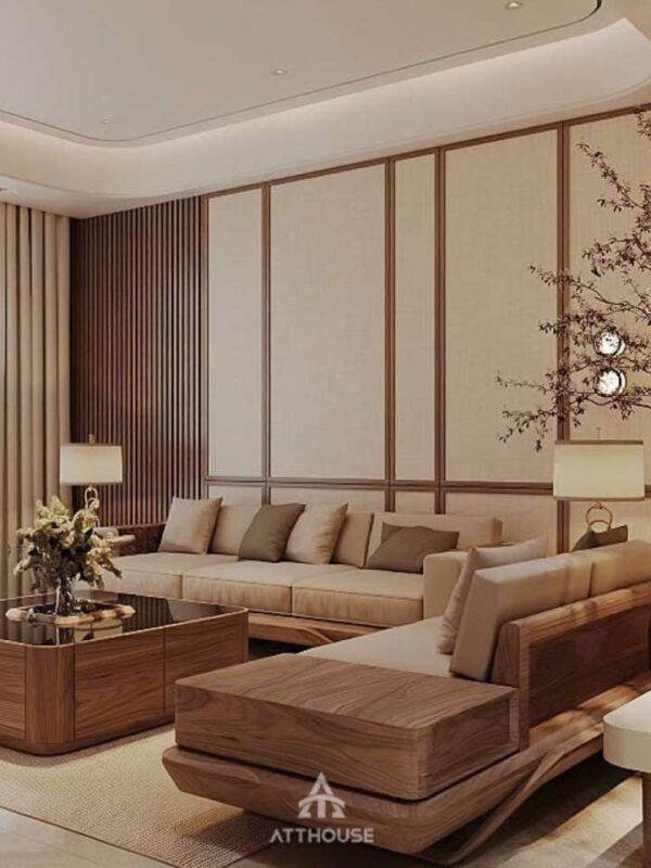 Thiết kế nội thất phòng khách tại biệt thự Vinhomes Vũ Yên Villa mang phong cách Japandi