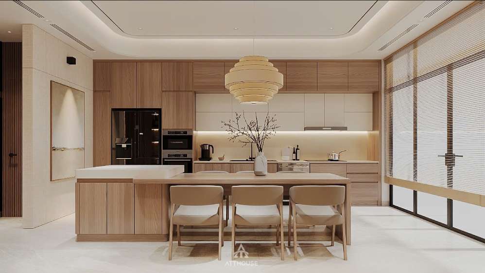 Thiết kế nội thất không gian phòng bếp tại biệt thự Vinhomes Vũ Yên Villa mang phong cách Japandi