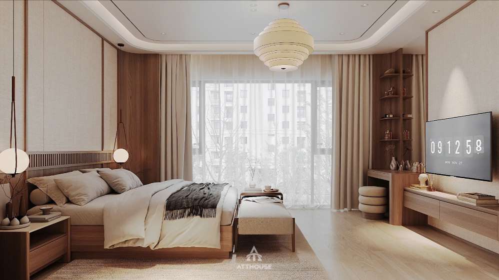 Phòng ngủ Master tại thiết kế biệt thự Vinhomes Vũ Yên Villa mang phong cách Japandi
