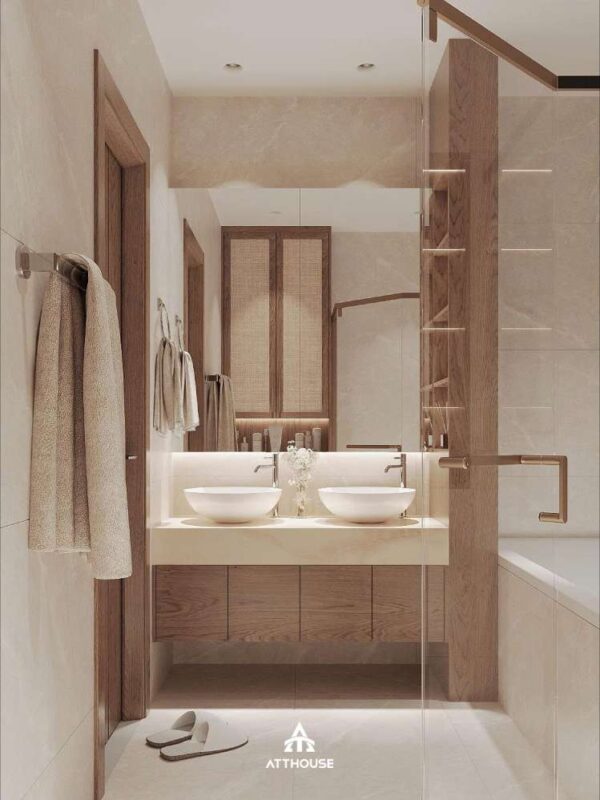Thiết kế không gian nhà tắm wc phong cách Japandi tại biệt thự Vinhomes Royal Island