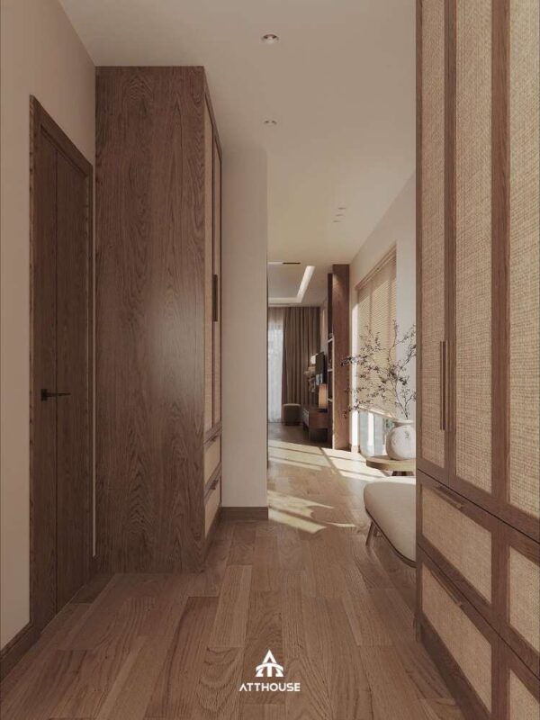 Không gian phòng thay đồ tinh tế phong cách Japandi tại thiết kế nội thất biệt thự Vinhomes Royal Island