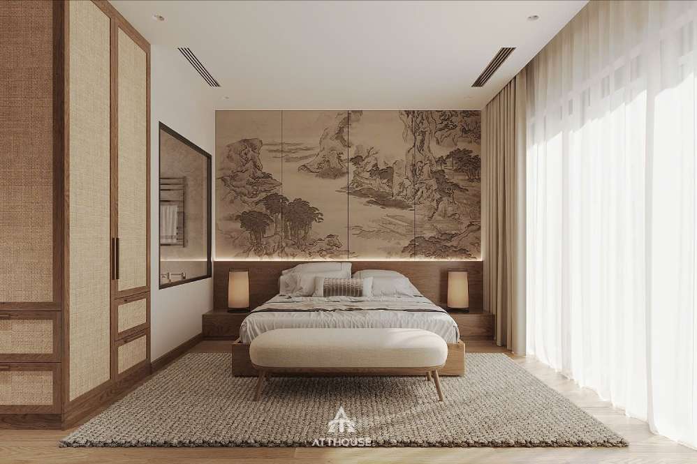 Thiết kế nội thất phòng ngủ phụ tại biệt thự Vinhomes Royal Island mang phong cách Japandi