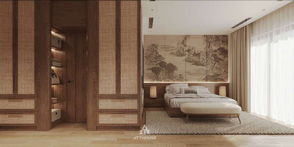 Thiết kế nội thất không gian phòng ngủ phụ tại biệt thự Vinhomes Royal Island mang phong cách Japandi