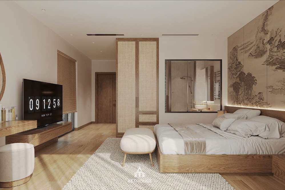 Không gian phòng ngủ phụ tại thiết kế nội thất biệt thự Vinhomes Royal Island mang phong cách Japandi