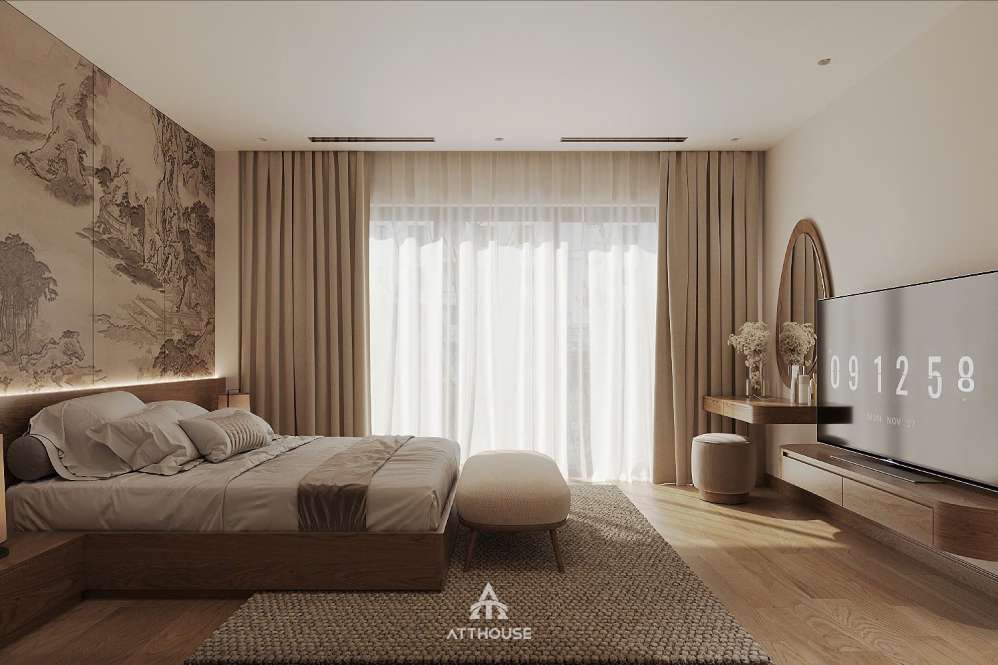 Không gian phòng ngủ phụ đơn giản tại thiết kế nội thất biệt thự Vinhomes Royal Island mang phong cách Japandi
