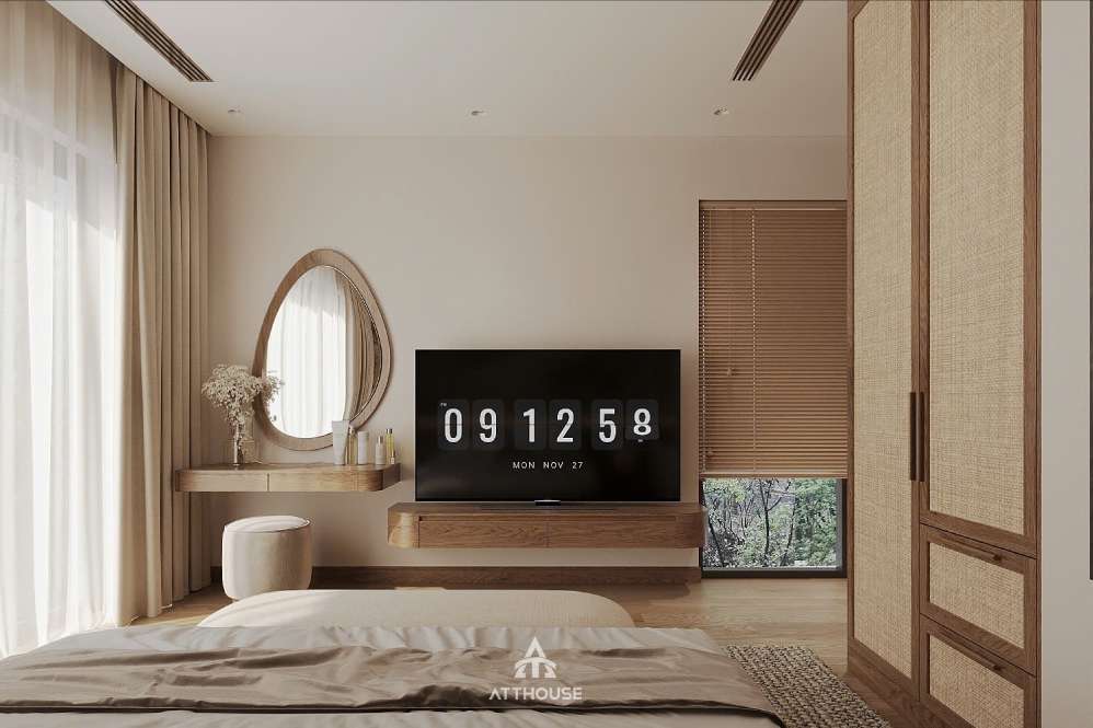 Không gian phòng ngủ phụ đẹp tại thiết kế nội thất biệt thự Vinhomes Royal Island mang phong cách Japandi
