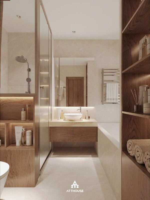 Thiết kế nội thất phòng tắm đẹp phong cách Japandi tại biệt thự Vinhomes Royal Island 