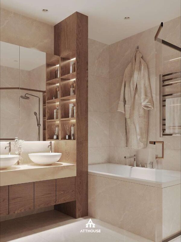 Thiết kế nội thất không gian nhà tắm wc phong cách Japandi tại biệt thự Vinhomes Royal Island