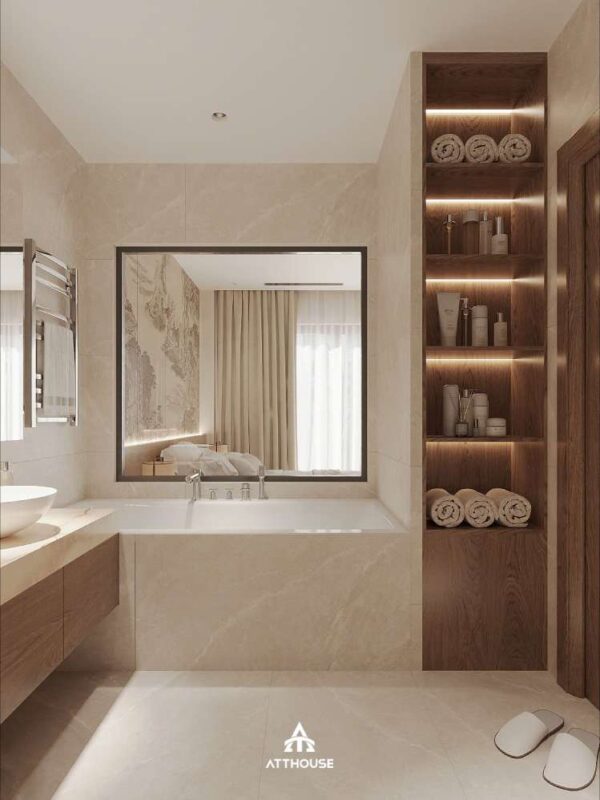 Thiết kế nội thất không gian phòng tắm đẹp phong cách Japandi tại biệt thự Vinhomes Royal Island 