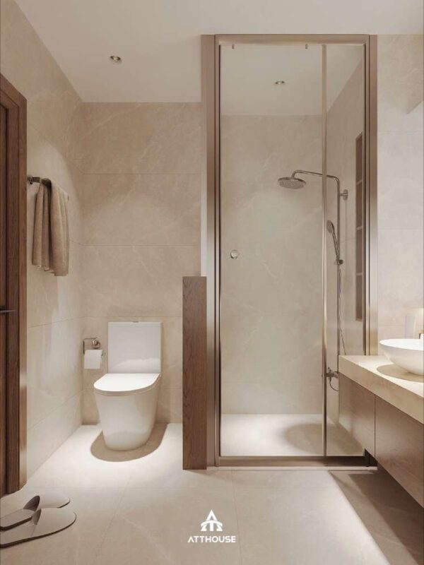 Không gian phòng tắm sang trọng phong cách Japandi tại thiết kế nội thất biệt thự Vinhomes Royal Island 