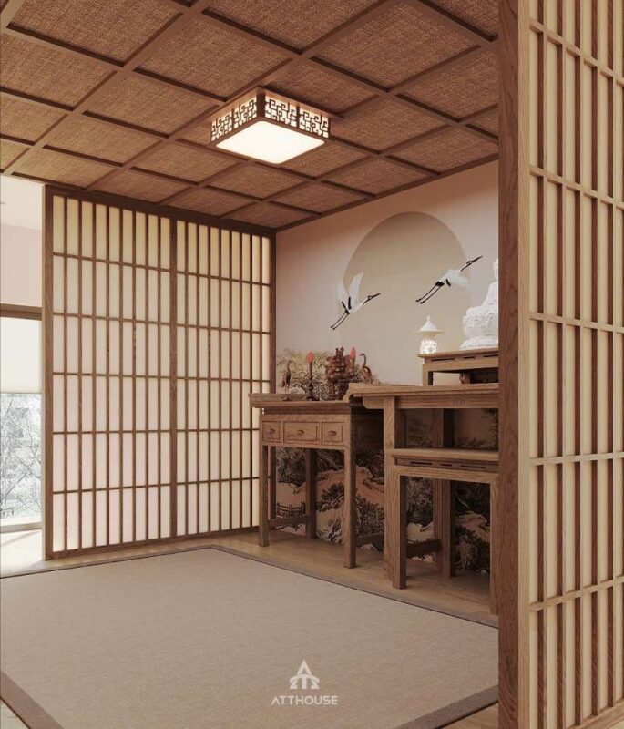 Không gian phòng thờ trang nghiêm phong cách Japandi tại thiết kế nội thất biệt thự Vinhomes Royal Island 