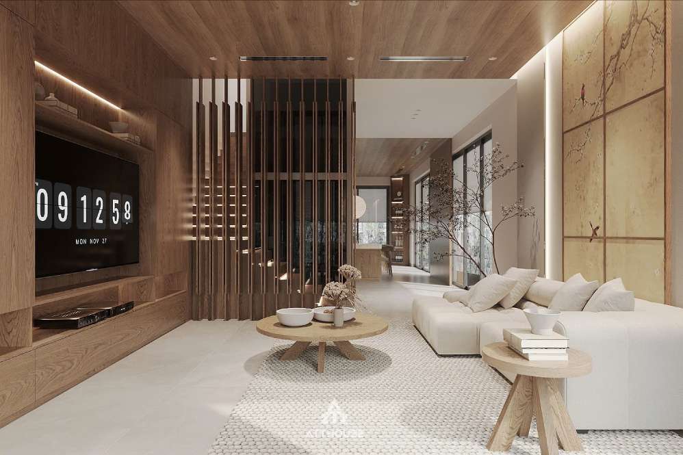 Thiết kế nội thất phòng khách biệt thự Vinhomes Royal Island - Hơi Thở Japandi Trong Không Gian Sống Đương Đại