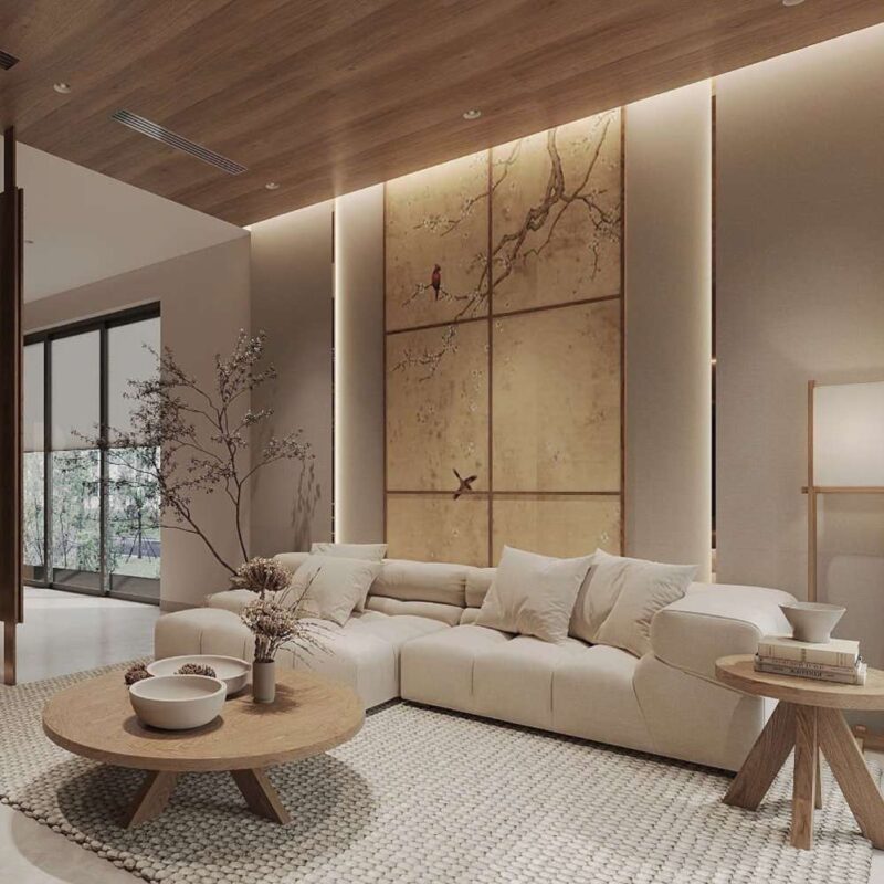 Không gian phòng khách phong cách Japandi tại thiết kế biệt thự Vinhomes Royal Island