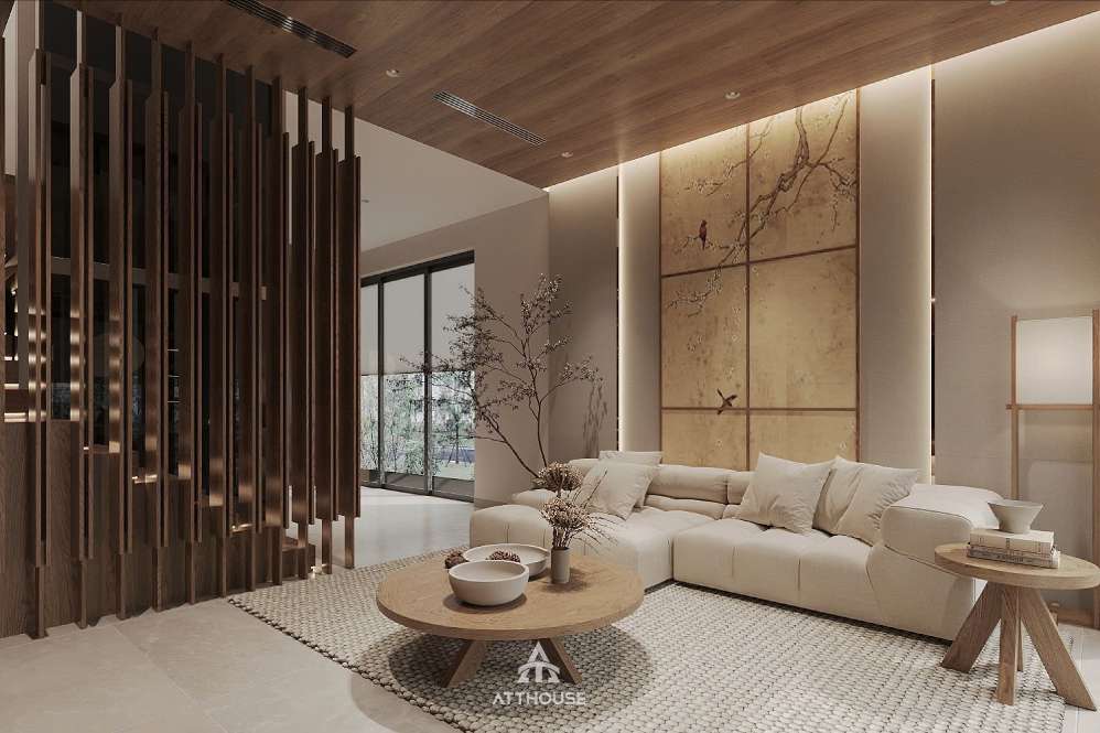 Không gian phòng khách sang trọng phong cách Japandi tại thiết kế biệt thự Vinhomes Royal Island