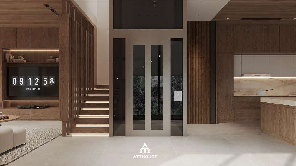 Không gian phòng khách tiện nghi phong cách Japandi tại thiết kế biệt thự Vinhomes Royal Island