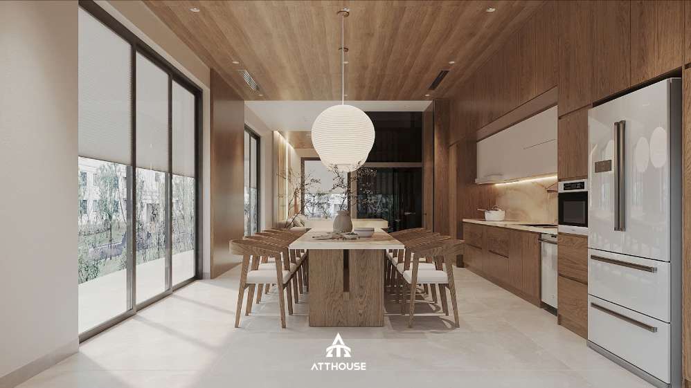 Không gian phòng bếp sang trọng phong cách Japandi tại thiết kế biệt thự Vinhomes Royal Island