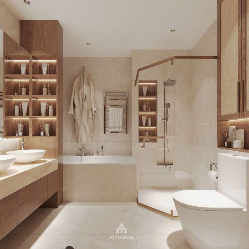 Không gian phòng tắm wc sang trọng phong cách Japandi tại thiết kế nội thất biệt thự Vinhomes Royal Island