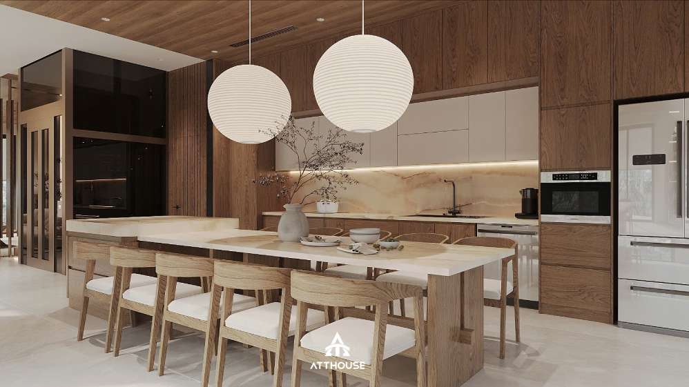 Không gian phòng bếp phong cách Japandi tại thiết kế biệt thự Vinhomes Royal Island