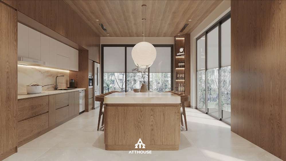 Không gian phòng bếp đơn giản  phong cách Japandi tại thiết kế biệt thự Vinhomes Royal Island