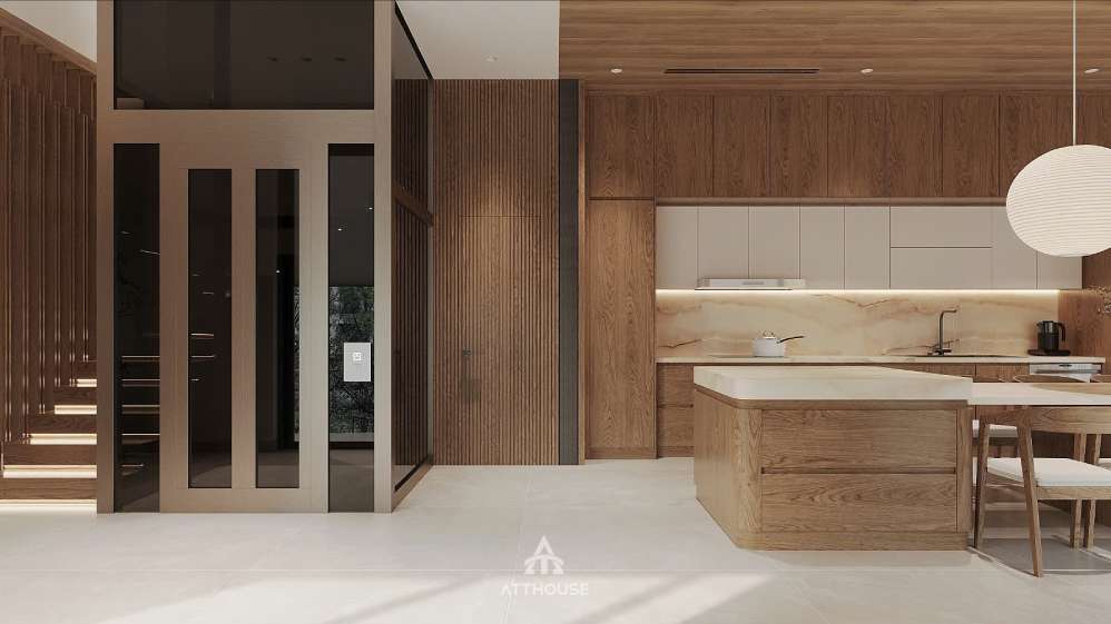 Thiết kế nội thất không gian phòng bếp phong cách Japandi tại biệt thự Vinhomes Royal Island