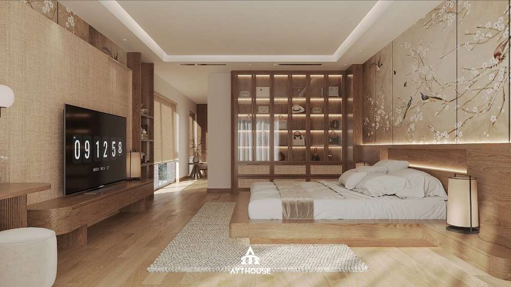 Không gian phòng ngủ Master  phong cách Japandi tại thiết kế nội thất biệt thự Vinhomes Royal Island