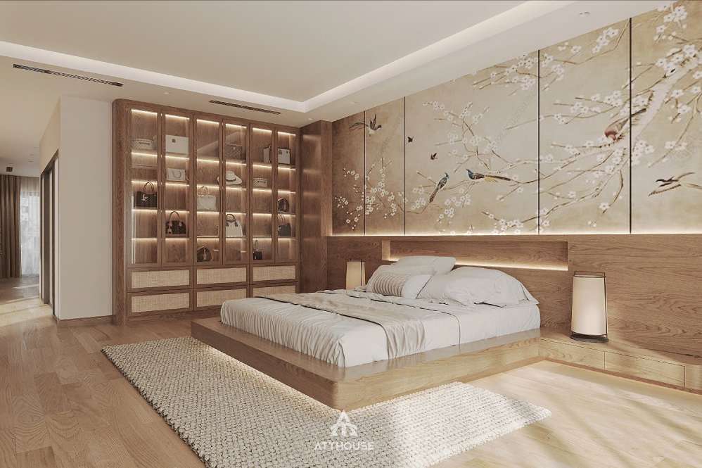 Không gian phòng ngủ Master  sang trọng phong cách Japandi tại thiết kế nội thất biệt thự Vinhomes Royal Island
