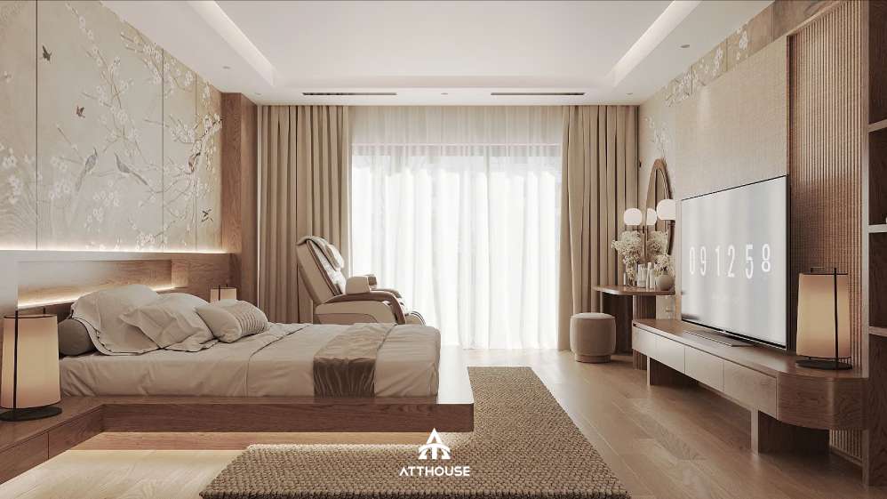 Không gian phòng ngủ Master đẹp  phong cách Japandi tại thiết kế nội thất biệt thự Vinhomes Royal Island