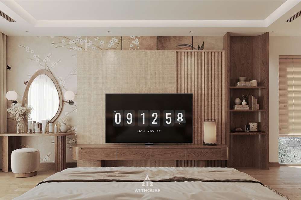 Không gian phòng ngủ Master tiện nghi  phong cách Japandi tại thiết kế nội thất biệt thự Vinhomes Royal Island