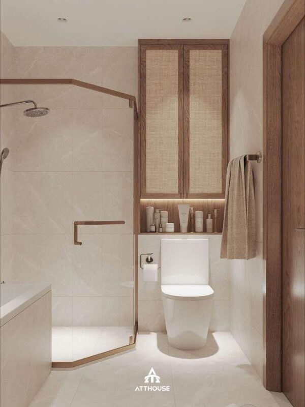 Không gian phòng tắm wc đơn giản phong cách Japandi tại thiết kế nội thất biệt thự Vinhomes Royal Island