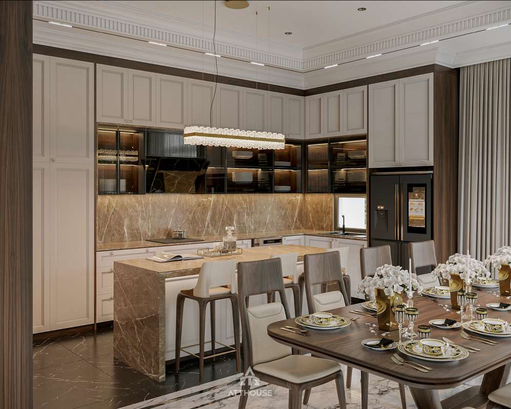 Thiết kế phòng bếp biệt thự Vinhomes Royal Island Vũ Yên - Vẻ đẹp tân cổ điển được tinh giản bằng ngôn ngữ hiện đại