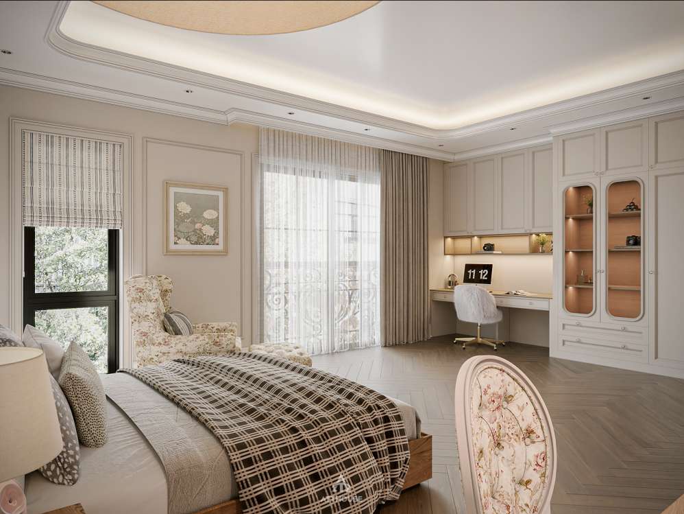 Thiết kế không gian phòng ngủ con gái phong cách Neo Classic Contemporary tại biệt thự Vinhomes Royal Island Vũ Yên