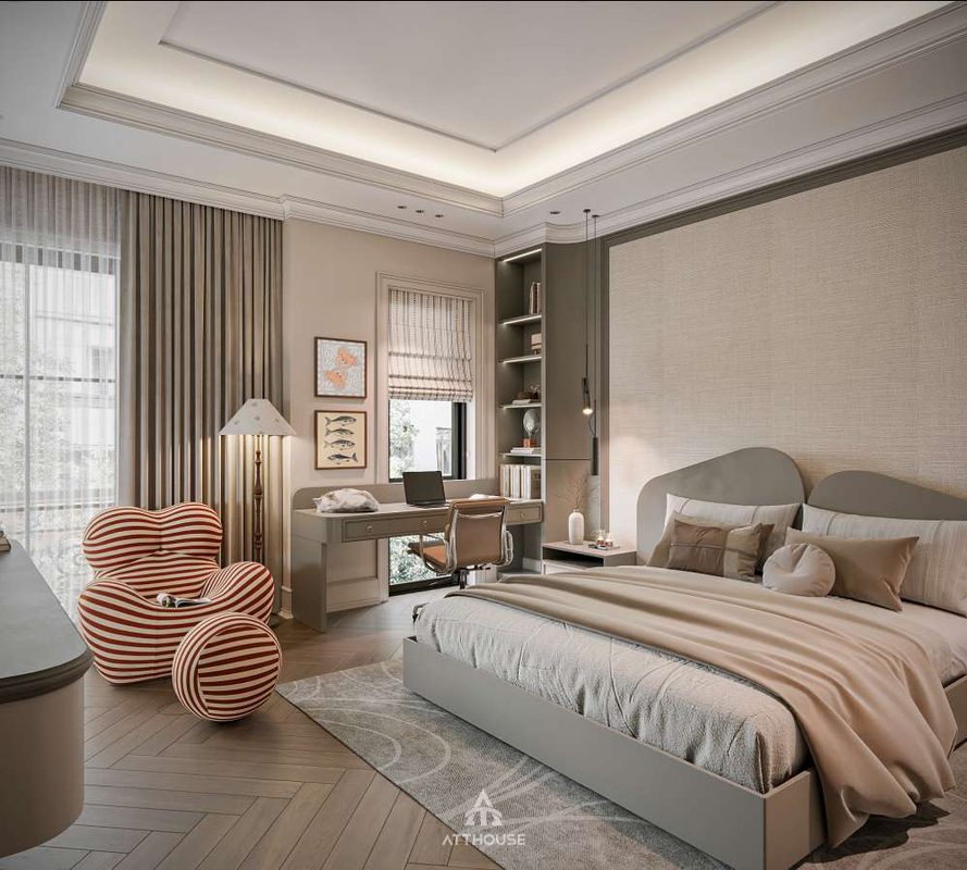 Thiết kế nội thất phòng ngủ con trai phong cách Neo Classic Contemporary tại biệt thự Vinhomes Royal Island Vũ Yên