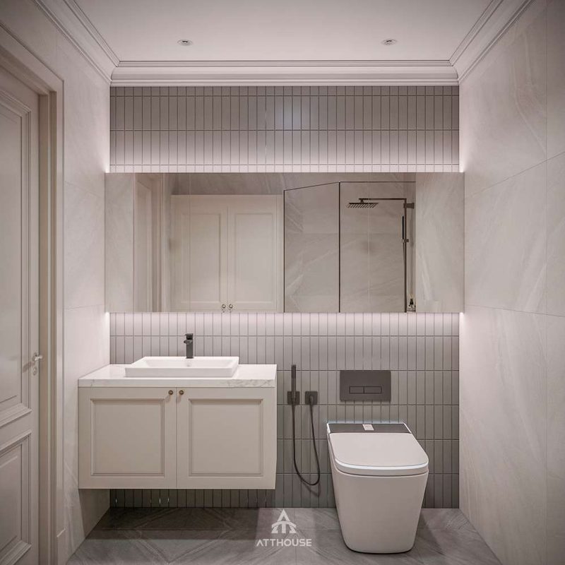 Thiết kế phòng tắm, wc con trai phong cách Neo Classic Contemporary tại biệt thự Vinhomes Royal Island Vũ Yên