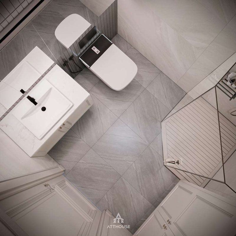 Thiết kế nội thất phòng tắm, wc con trai phong cách Neo Classic Contemporary tại biệt thự Vinhomes Royal Island Vũ Yên