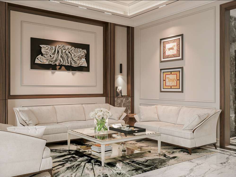 Thiết kế phòng khách biệt thự Vinhomes Royal Island Vũ Yên - Vẻ đẹp tân cổ điển được tinh giản bằng ngôn ngữ hiện đại
