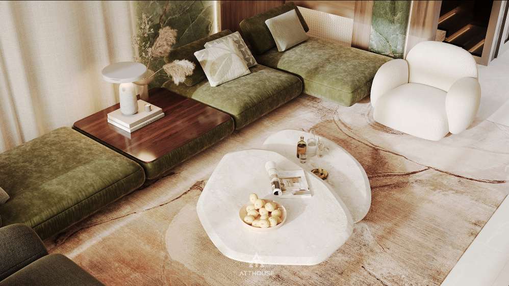 Thiết kế nhà phố Trực Cát House phong cách Contemporary Organic Luxury - gam màu xanh rêu làm điểm nhấn