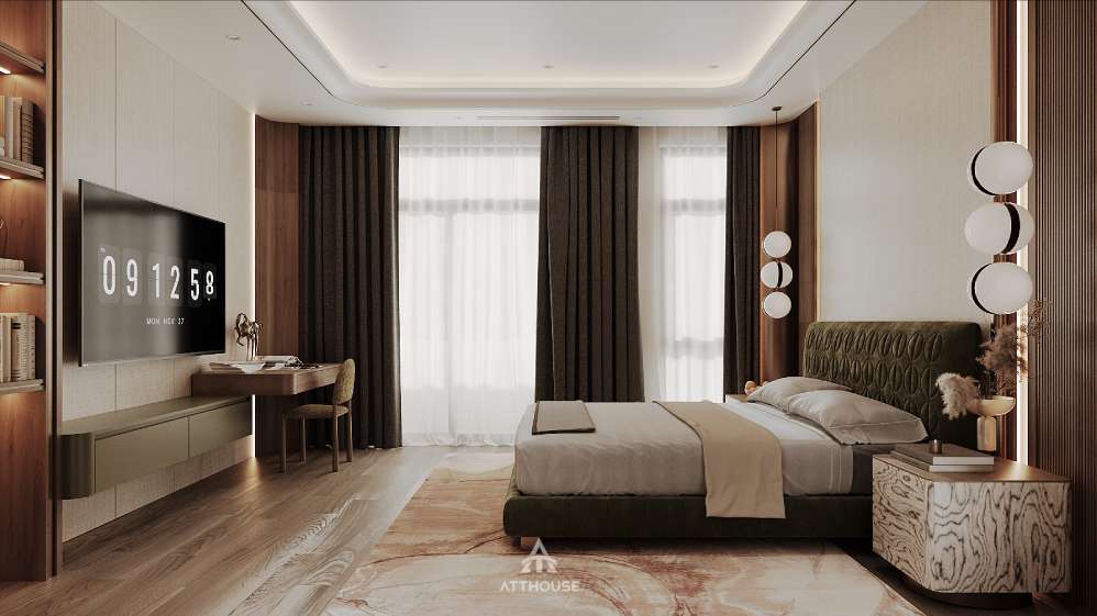 Ánh sáng dịu nhẹ kết hợp vật liệu tự nhiên mang đến bầu không khí yên bình, dễ chịu.

