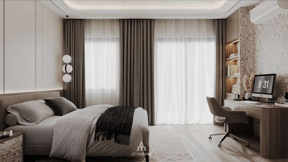 Phòng ngủ con trai kết hợp hài hòa giữa gam màu trầm và nội thất hiện đại.

