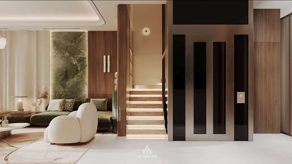 Sảnh thang được thiết kế thanh lịch, kết nối hài hòa các không gian trong nhà, đồng thời tạo điểm nhấn bằng vật liệu tự nhiên và ánh sáng ấm áp.

