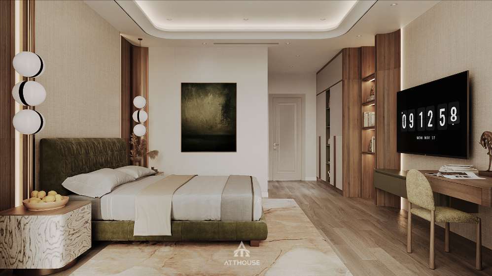 Thiết kế phòng ngủ cân bằng giữa nét hiện đại và vẻ đẹp mộc mạc, tạo nên không gian nghỉ ngơi trang nhã.

