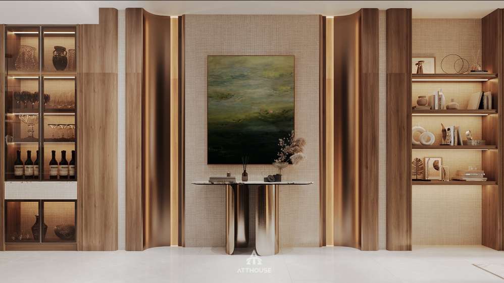 Thiết kế nhà phố Trực Cát House phong cách Contemporary Organic Luxury - sử dụng màu gỗ óc chó